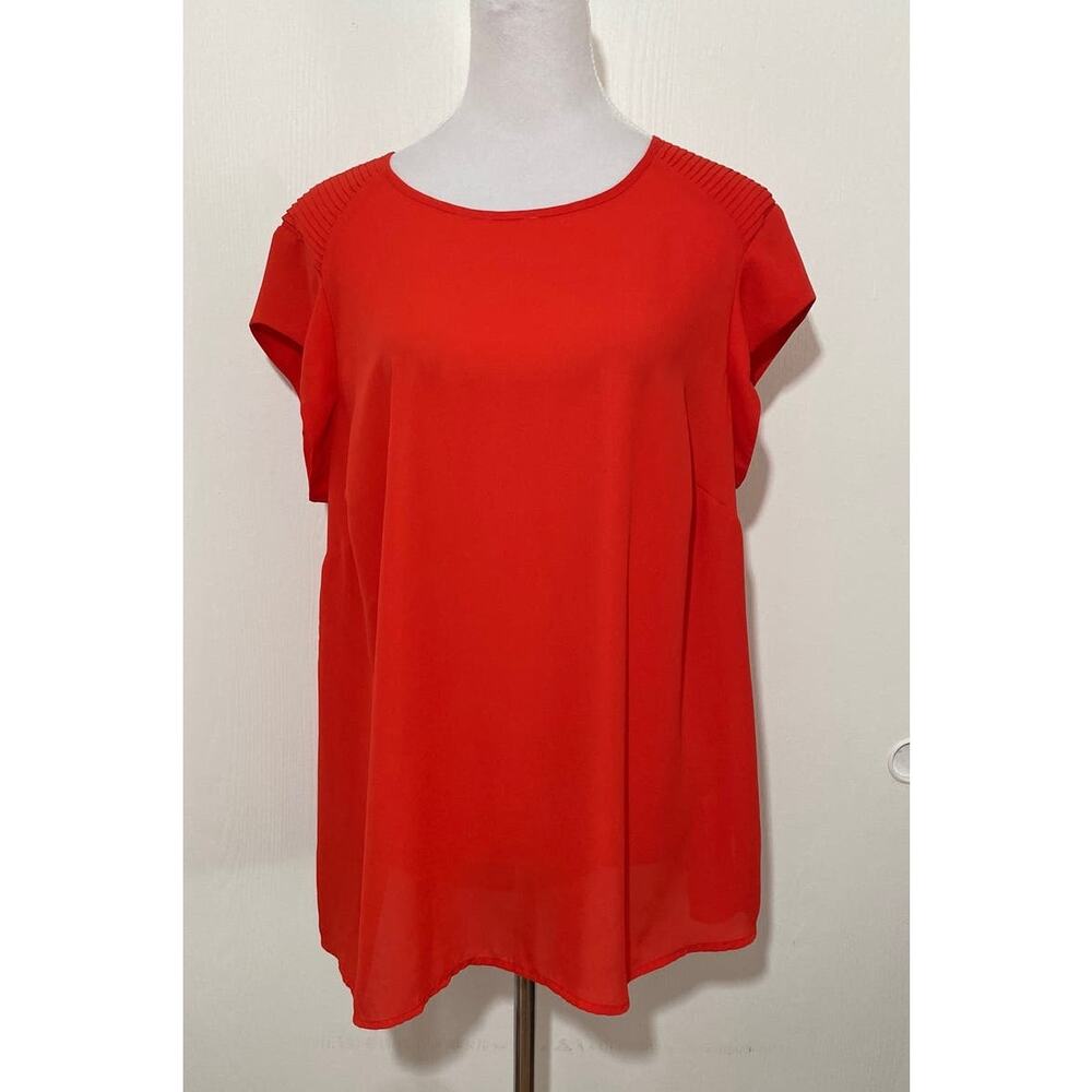 DR2 Size 1X Orange Red Pintuck Shoulder Blouse Cap Sleeve Side Slit Sheer